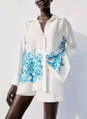Zara Flowy printed shirt White Blue Size XS Oversized 