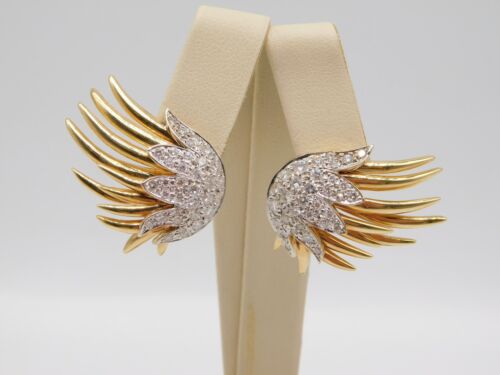 HIGH QUALITY 14K GOLD PLATINUM TOP VVS DIAMOND STONE ANGEL BIRD WING EARRINGS - Picture 1 of 8