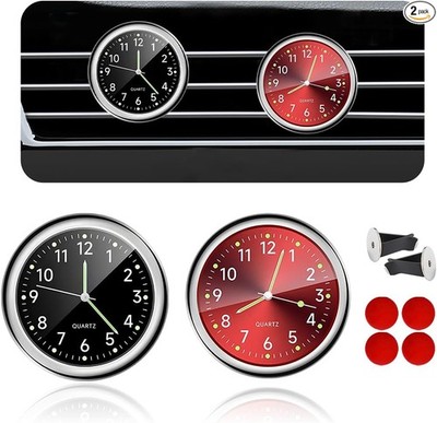 2 PCS Self-Adhesive Mini Car Clock, Luminous Round Dashboard  Color: Black+Red