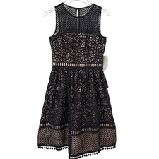 NEW Eliza J Black Lace Fit Flare Dress Pom Pom Trim Cocktail Party WOMEN 4
