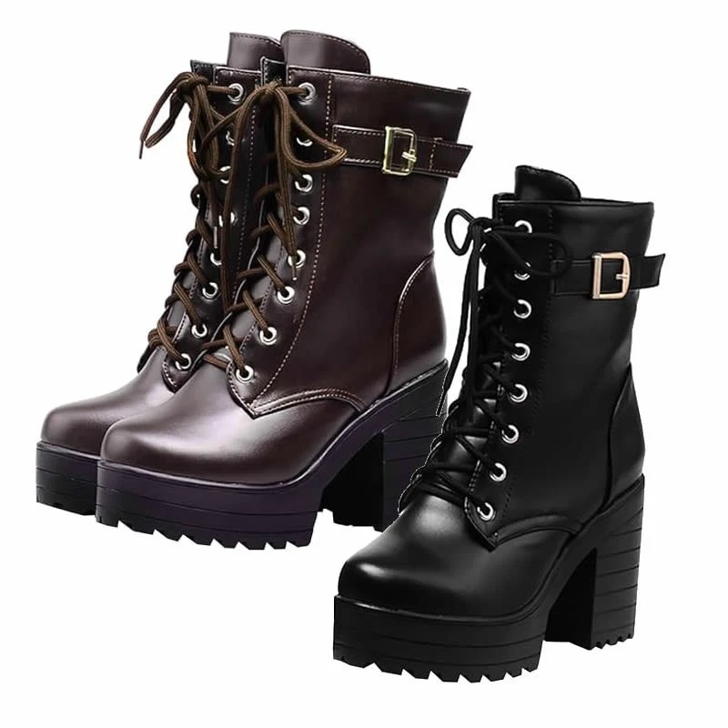 ETEBELLA Plateau Stiefeletten Schnüren Blockabsatz High Heels Ankle Boots Gothic Schuhe