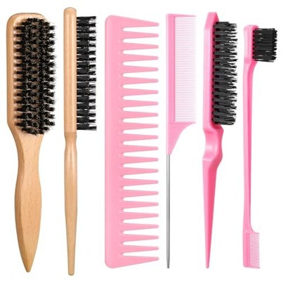 6 Pcs Boar Bristle Slick Back Hair Brush with Edge Brush, Rat Tail Comb Pink