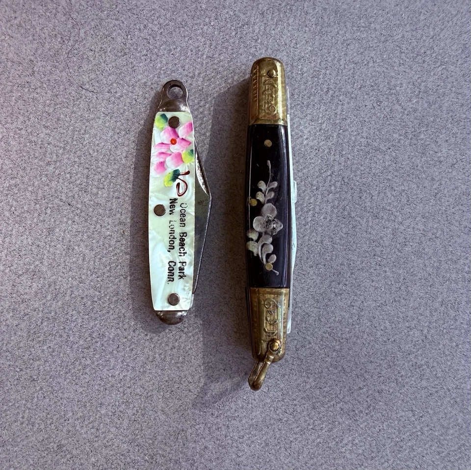 ANTIQUE Pocket Knife Ladies Pen Knives Hand Painted Music Design Scissors Floral - Image 2 of 4