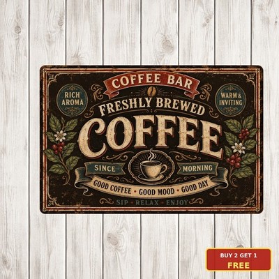 Freshly Brewed Coffee Shop Tin Sign Espresso Bar Diner Kitchen Wall Plaque