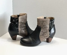 L'Artiste by Spring Step Belle Women's Black Floral Leather Ankle Booties 39/8.5