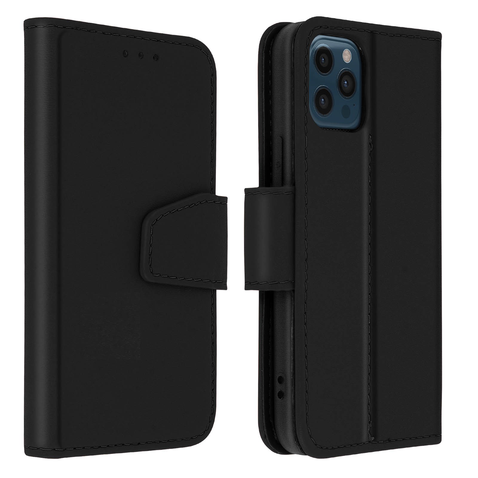 Coque iPhone 12 Pro Max en cuir noir avec porte-carte et support