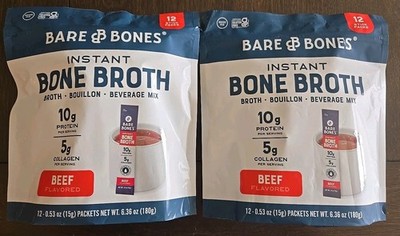  NEW  Bare Bones Instant Beef Bone Broth 2 Packs Of 12 Sticks (24 Total)   