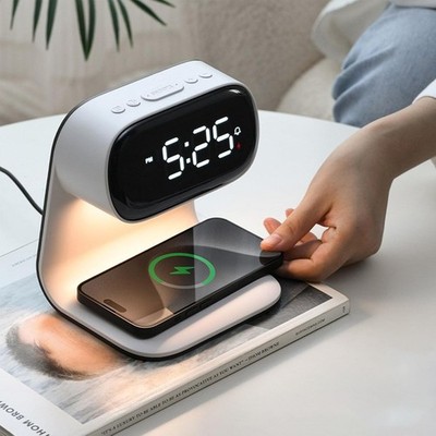 Wireless Charger Alarm Clock  White with 15W Fast Charging and 3-Level Lighting
