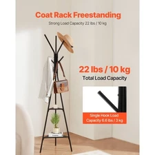 Coat Rack, Freestanding Coats Rack Stand with 2 Shelves & 6 Hooks, Free Standing