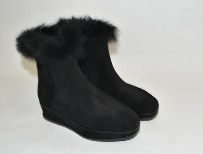New Tory Burch 'Marcel' Genuine Shearling Wedge Booties Black Suede Fur Size 5.5