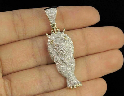 14K Yellow Gold Plated 2.00ct Natural Moissanite King Lion Walking Charm Pendant