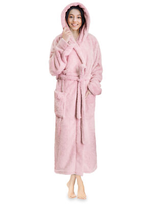 Womens Ladies Fluffy Robe Soft Fleece Luxe Plush Warm Sherpa Hooded Spa Bathrobe