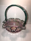 Vintage Fenton Iridescent Glass Aqua & Rose Ruffled Brides Basket ~ Signed