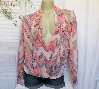 Rosa B.Love Muster Wrap Ausschnitt Chiffon Bluse M 38 P24