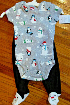 New Carters 2 Piece Outfit Unisex Baby 3 Months Snowman Sleeper w Black Pants