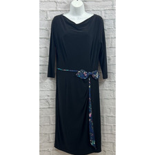 Leona Edmiston Frocks Black Shift Dress Size 14 Blue Trim & Bow Long Sleeve
