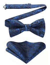 Navy Blue Bow Ties for Men Pre-tied Paisley Bow Ties and Pocket Square Set Fo...