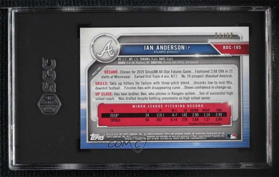 2019 Bowman Chrome Draft Sapphire Edition Purple /10 Ian Anderson SGC 8.5 - Image 2 of 2