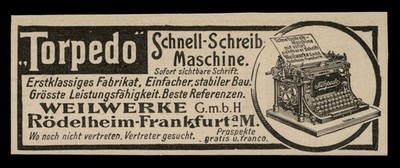 Alte Werbung Reklame 1908 Torpedo Schnell-Schreibmaschine  Weilwerke Rödelheim