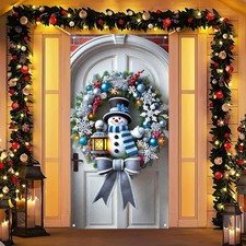 Christmas Door Cover 35x71in Snowman Wreath Holiday Decor Polyester Set