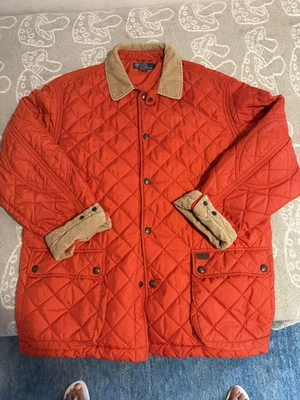 Polo Ralph Lauren Quilted Barn Jacket Mens Sz XL Corduroy Collar Orange