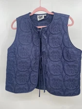 Kina & Tam Cat Quilted Vest Womens Large Navy Blue Tie Front Sleeveless $79 MSRP