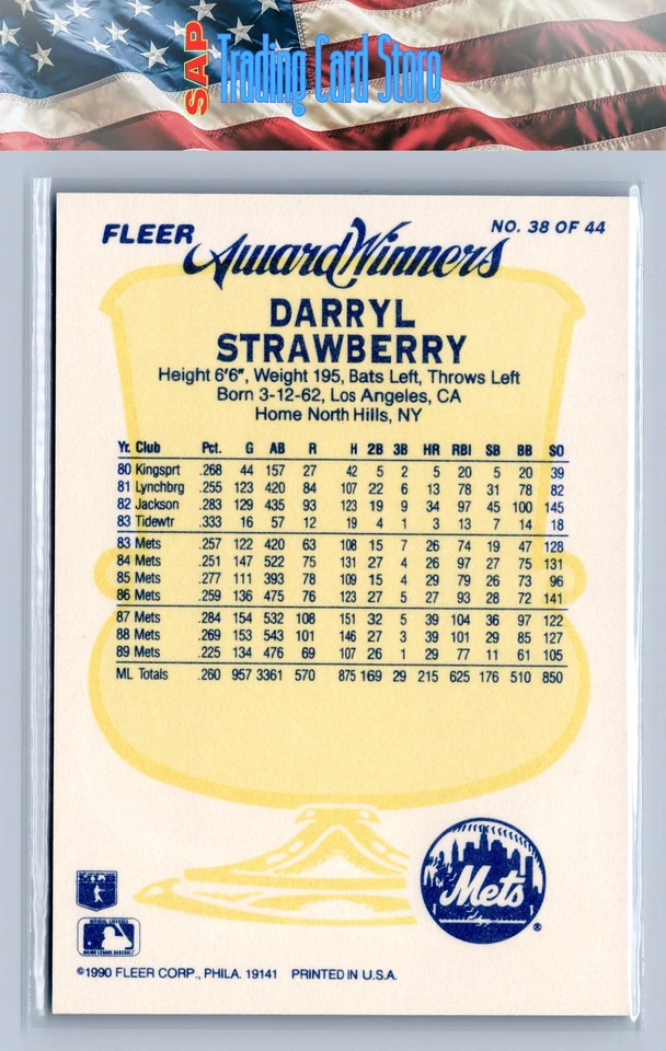 1990 Fleer Award Winners #38 Darryl Strawberry - Image 2 of 2