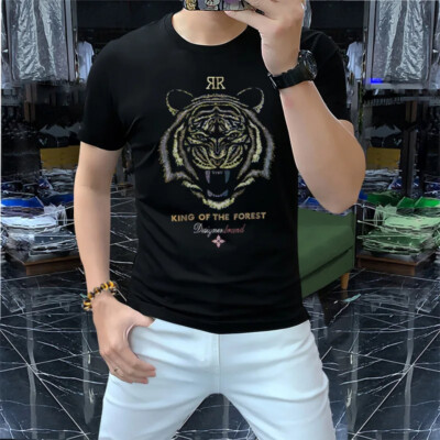 New Fashion Tiger Trend Rhinestone Summer Short Sleeve Luxury Men Cotton T-Shirt