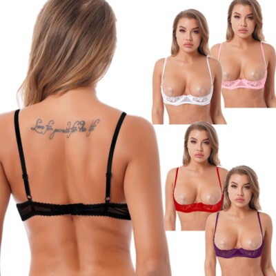 Women Sheer Lace Lingerie 1/4 Cups Bare Exposed Breast Underwire Push Up Bra Top