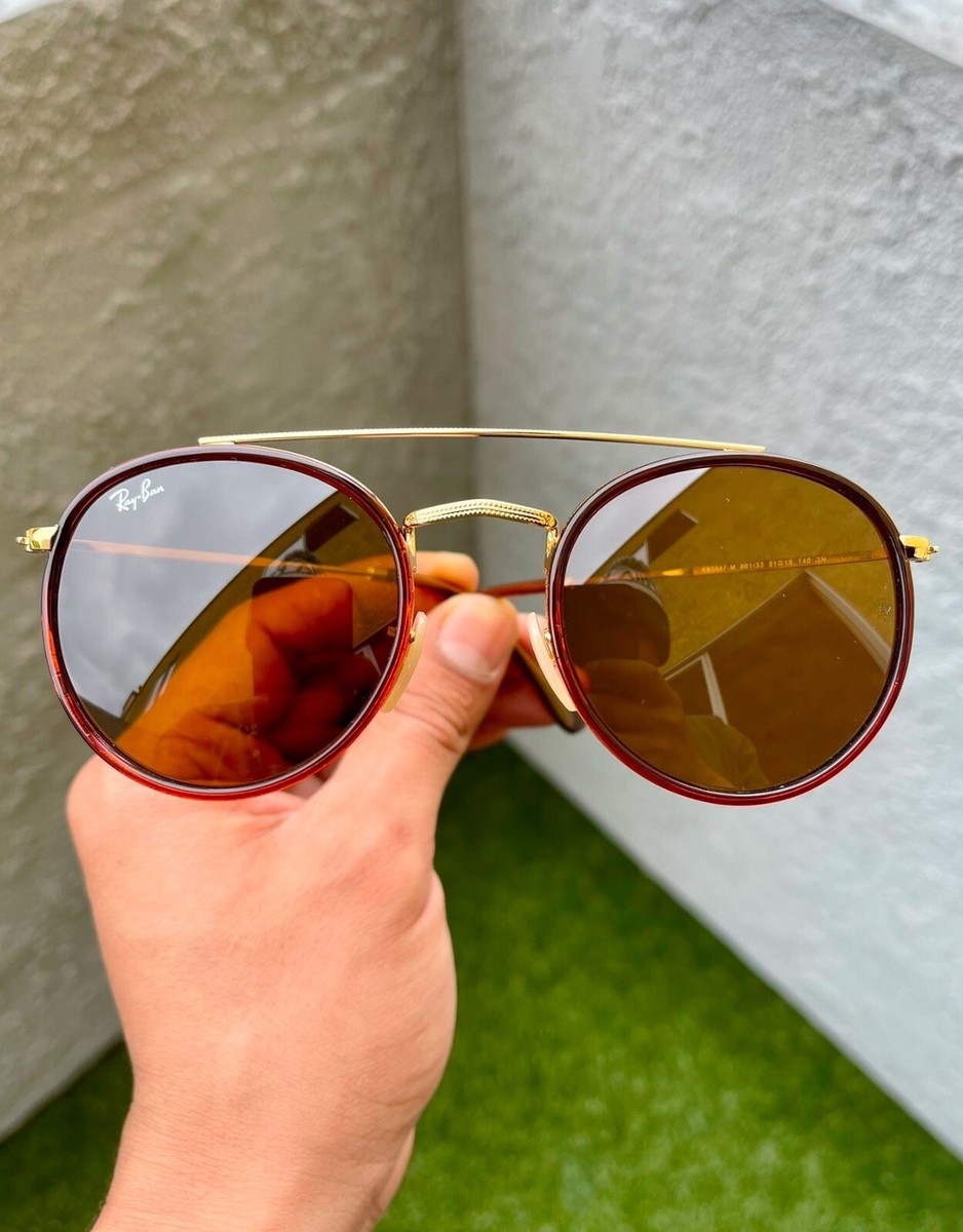 NWT Ray Ban Round Double Bridge 3647 51/22 Gold Brown Original Case Included