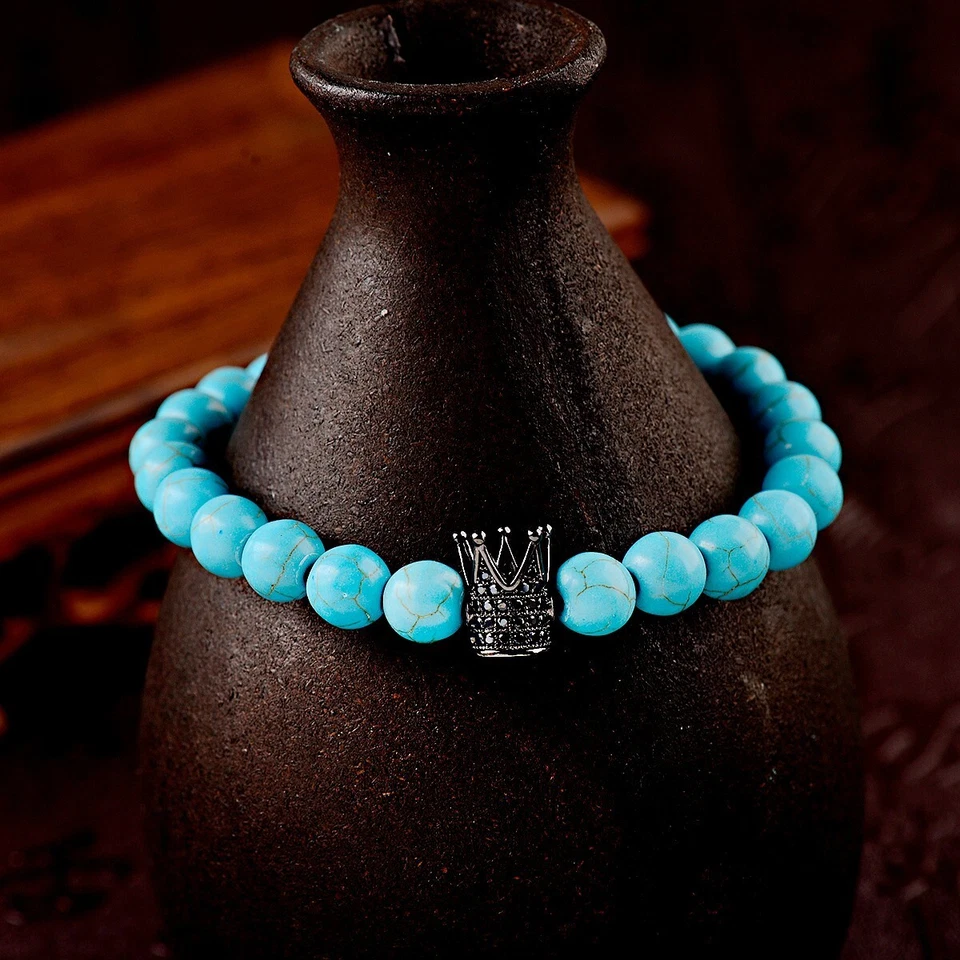 Moda Hombres Pulsera Corona Circonita cúbica Cuentas Cuentas Piedra Howlita Natural Pulseras Foto 4 de 4