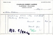Cambridge Maryland Vintage Billhead Receipt CHARLES GIBBY HARRIS PLASTERING 1964