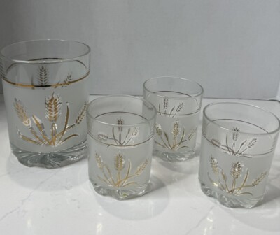 MCM DeValBor Italian Ice Bucket & 3 Whiskey Gold Wheat Frosted Glass VTG Set