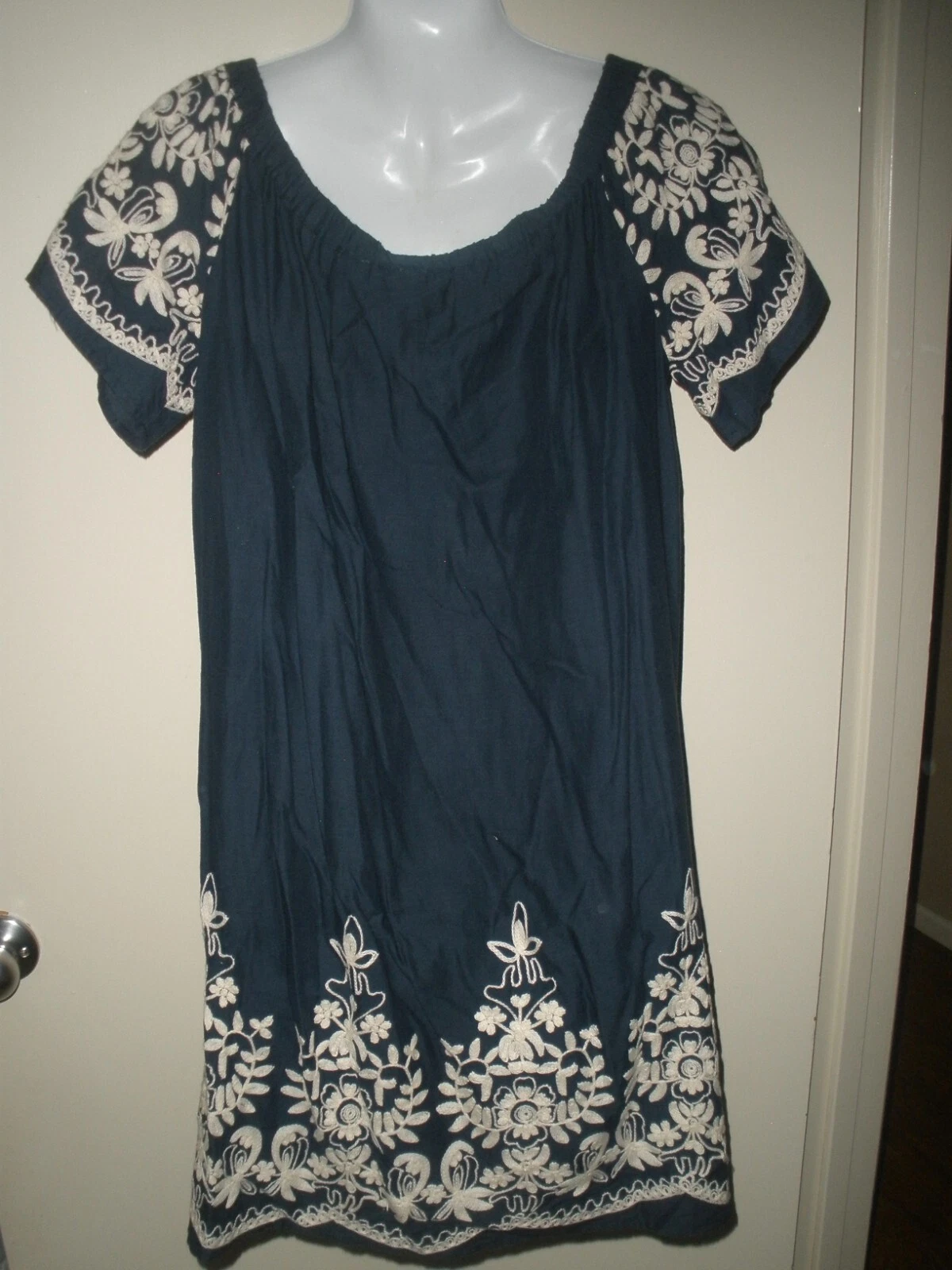 VETEMENTS #668 Abito Kori America spalle scoperte M blu navy ricamato floreale boho contadino