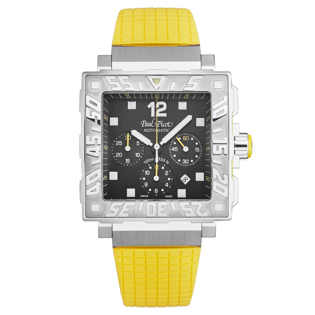 Paul Picot Mens C Type Chronograph Black Dial Yellow Rubber