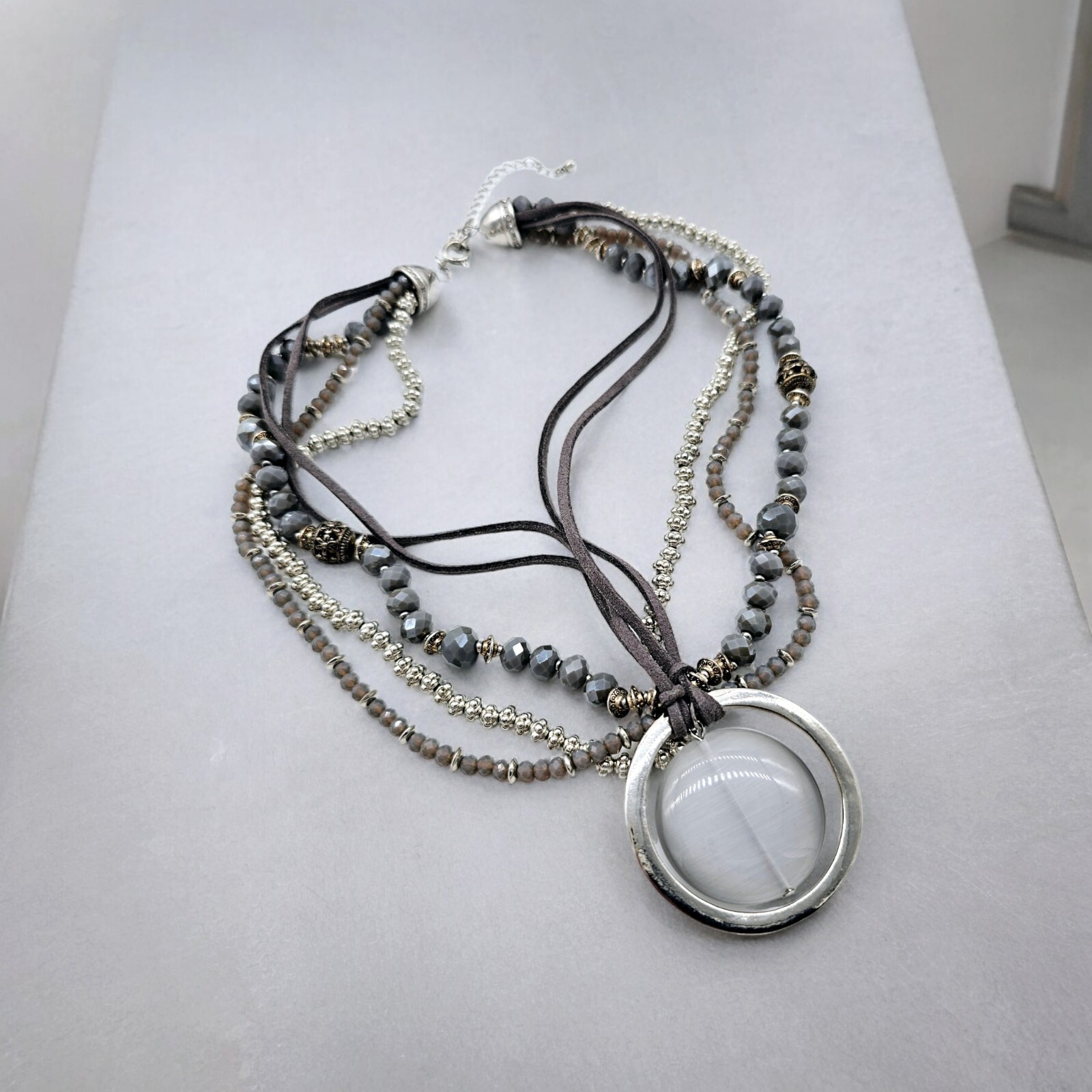 Floating Moon Statement Necklace Gray Leather Fac… - image 2