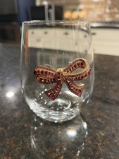 Breast Cancer Pink Jeweled Bow Wine Glass Never Used Never Used