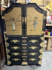 Vintage Black Lacquer Asian Armoire Dresser – Hand-Painted Brass Hardware