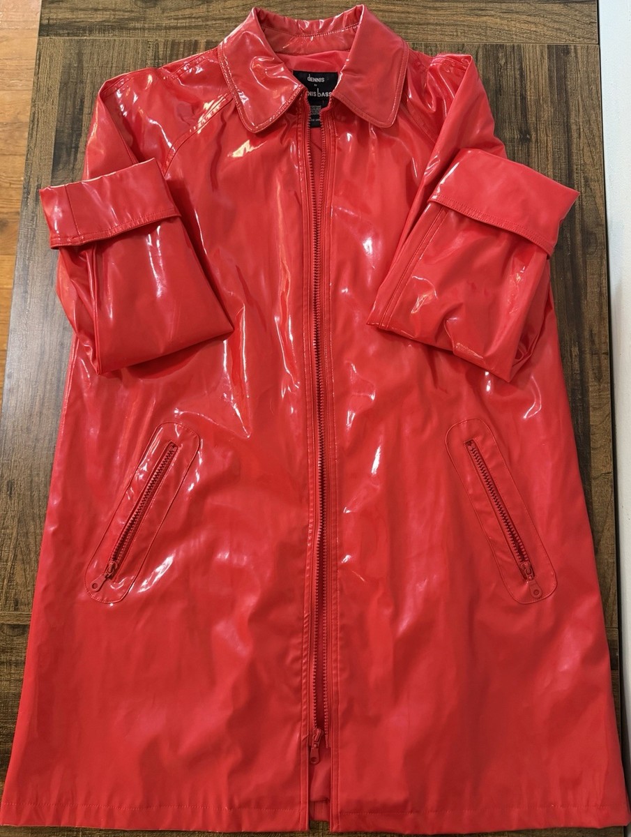 EUC Vintage Women's S Red Shiny Dennis Basso PVC Full Zip Raincoat