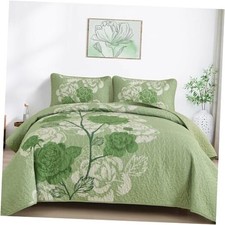 Floral Quilt Set King Size Floral Printed Bedspread King 104"x90" Sage Green