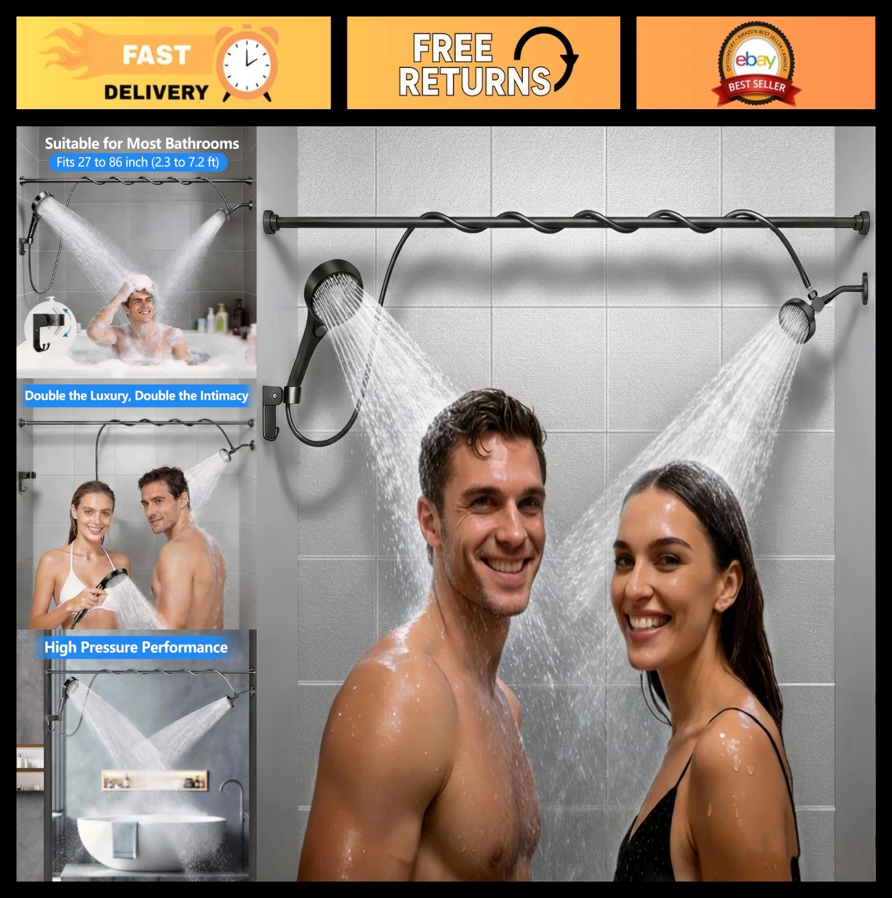 Dual High Pressure Shower Head Set with Handheld - Adjustable 3 Flow Settings fo