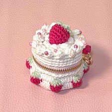 Handmade Crochet Pink Strawberry Cake Pouch Purse Strap Glitter White 4.7 inch
