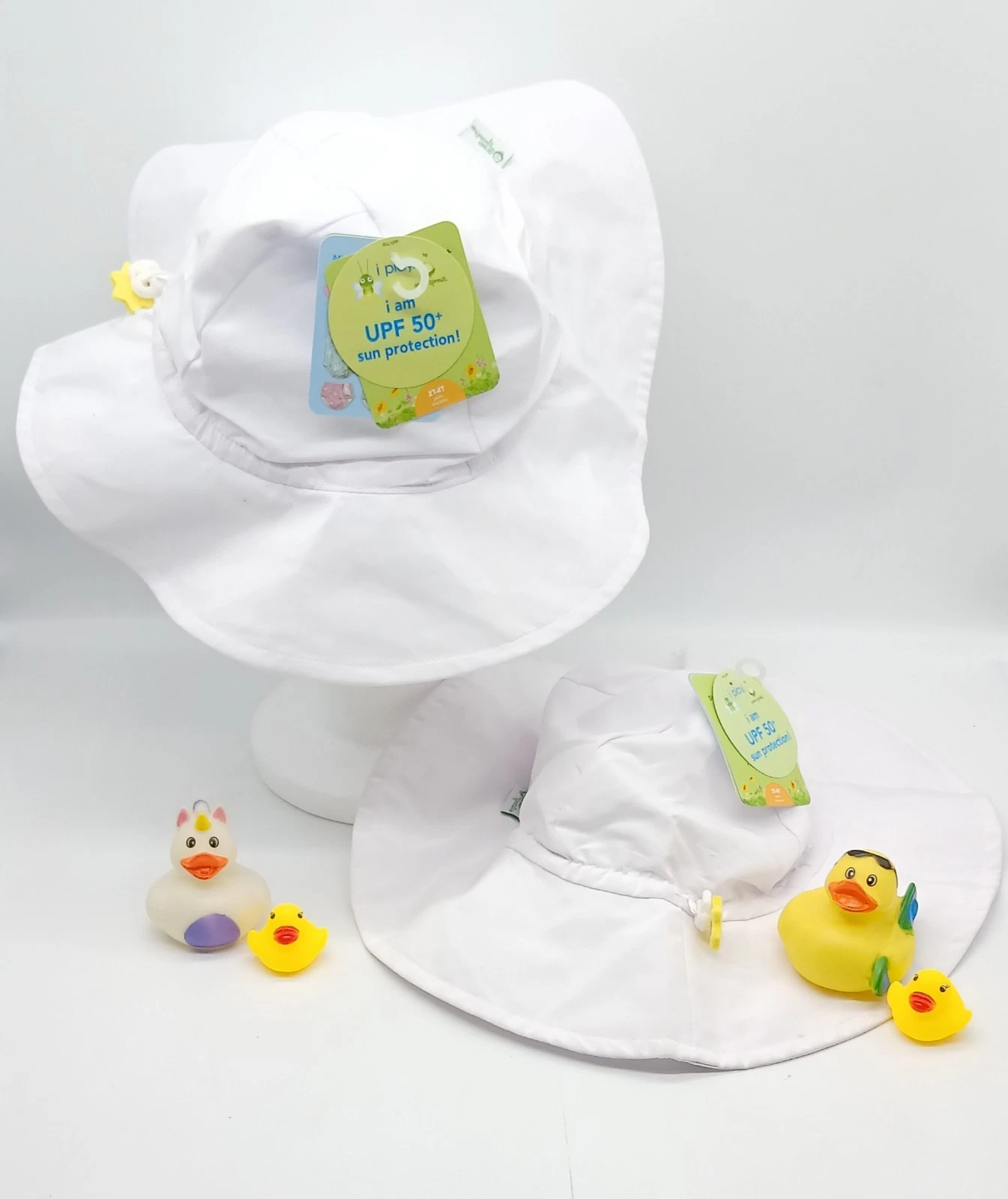 Green Sprouts Toddler Brim Sun Protection Hat White 2T-4T Rubber Ducks Stickers