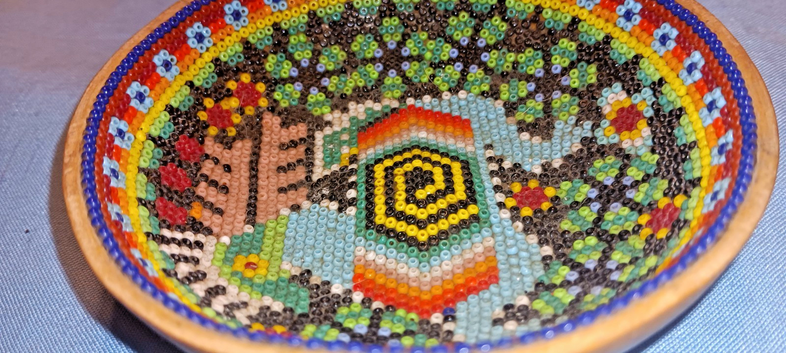 GOURD  HAND BEADED BOWL  4 IN COLORFUL VINTAGE ESTATE ITEM MARKED FOLK ART