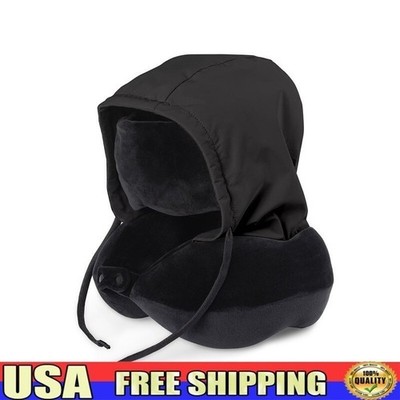 Travel Neck Pillow Contoured Eye Mask Hood Lightweight Adjustable Portable Black