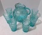 VINTAGE ANCHOR HOCKING AQUA MARINE LIDO PATTERN BEVERAGE SET-IOB-PERFECT-LOOK!