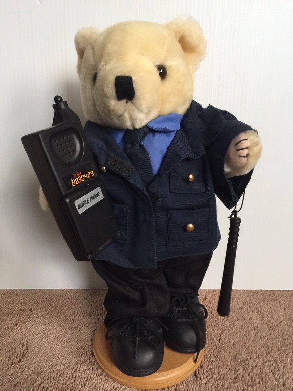 Police Plush Stuffed Bear With Cell Phone And Baton On Stand
