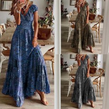 Women's Sundress Neck Beach Boho Summer Maxi Holiday Dress V Ladies Floral