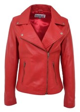 Womens Real Leather Biker Jacket Casual Plain Cross Zip Style Lola Red