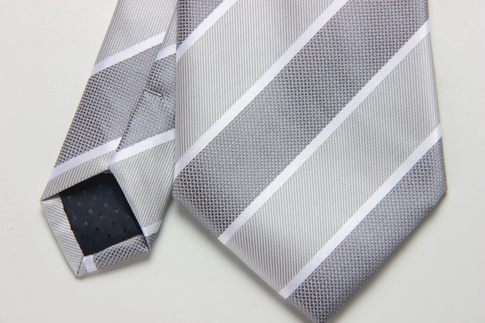 Nueva Corbata Clásica Rayas Gris Blanco JACQUARD TEJIDA 100% Seda Para Hombre Foto 3 de 4